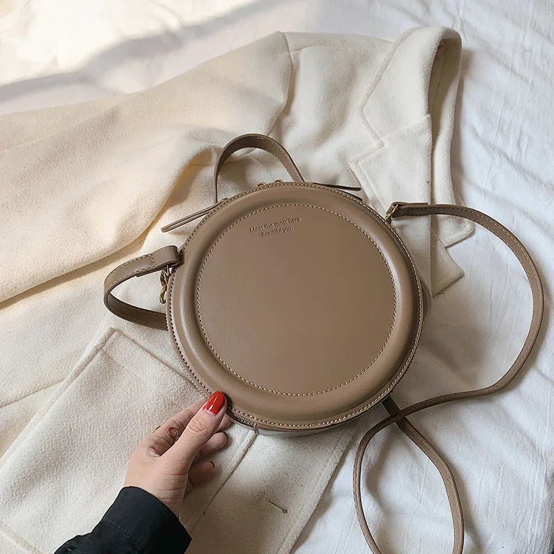 Round Leather Crossbody Bags For Women Luxury Handbags Women Bags Designer Shoulder Bag Female Retro Clutch Purses Coffee 20.5cmx20.5cmx8cm