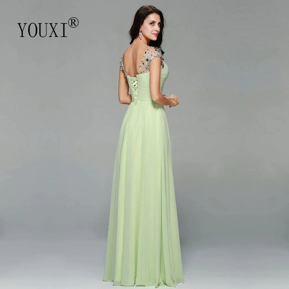 Elegant Cap Sleeves Light Green Prom Dresses Chiffon Crystal vestido de festa Evening Formal Dress for Women