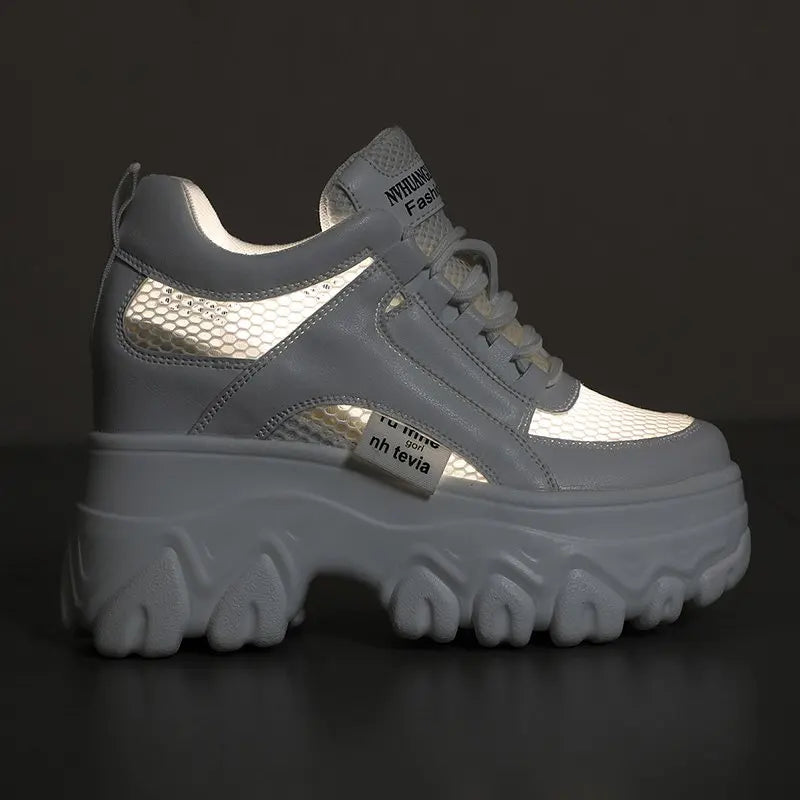 Breathable Mesh Chunky White Sneakers Women Summer Hollow Out Mesh Platform Sandals Woman Height Increased Casual Shoe 10cm