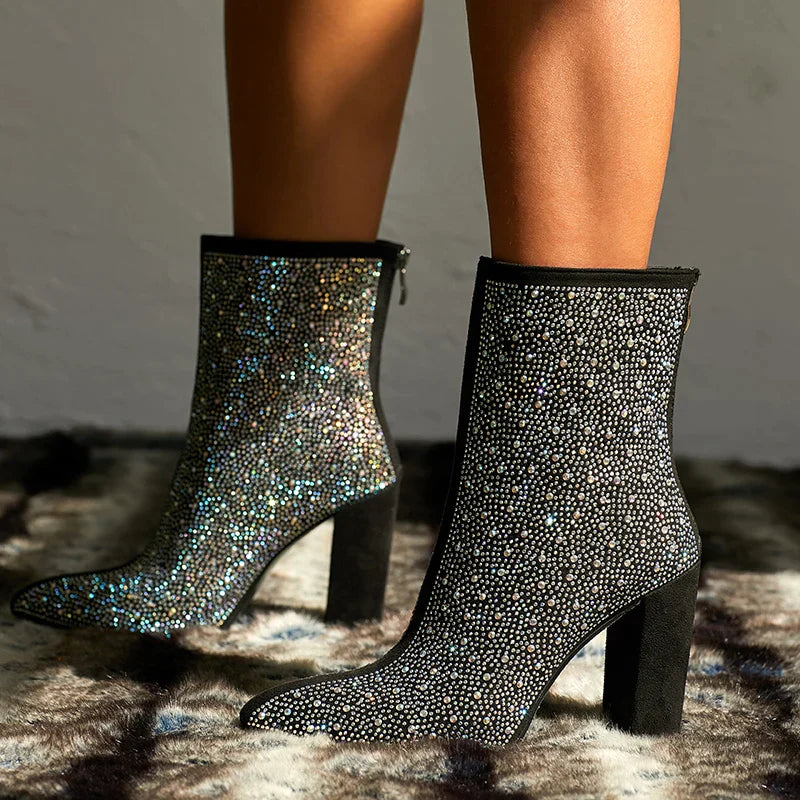 Women Crystal Ankle Boots Sexy 11cm High Heels Diamond Lady Chunky Boots Short Fall Fetish Stripper Booties Colorful Shoes black