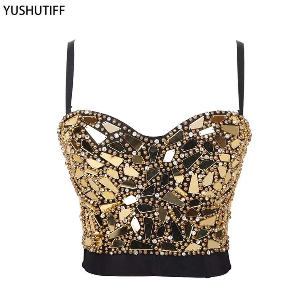 Sexy Beaded Diamond Sequins Women Camis Cropped Top Night Club Party Corset Crop Top To Wear Out Push Up Bustier Bra DB905
