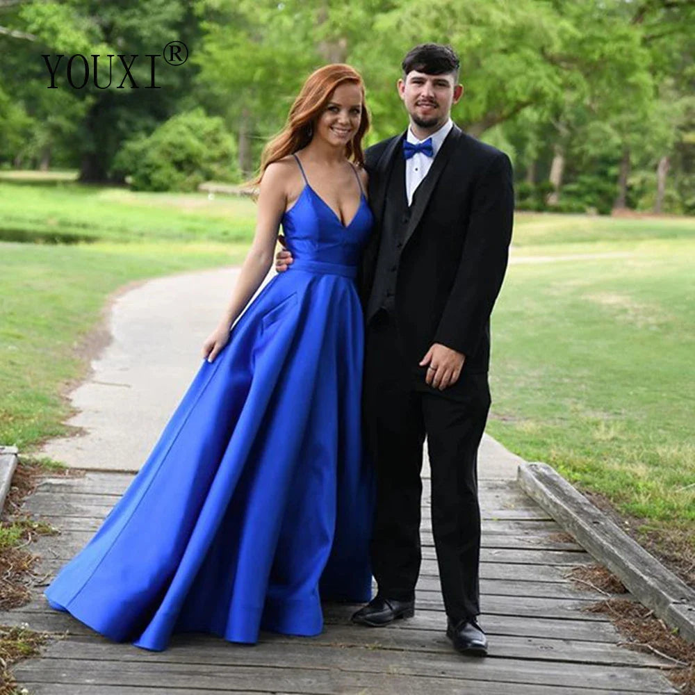Royal Blue Prom Dresses with Pockets Sexy Spaghetti Straps V Neck A-Line Satin Formal Gown for Women