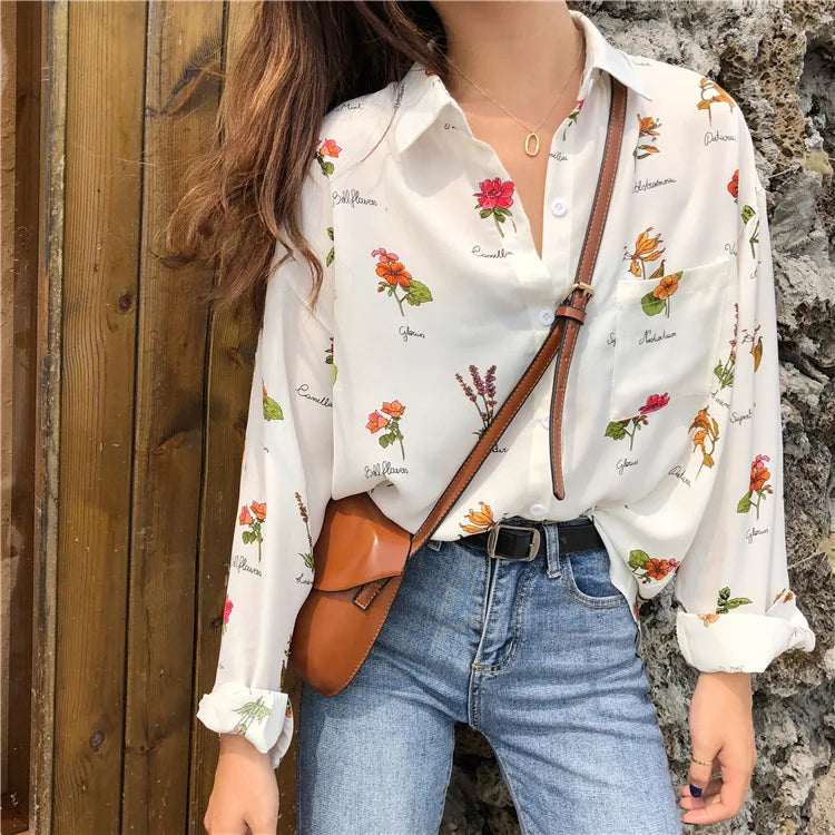 Vintage Floral Print Loose Casual Off White Blouse Women Long Sleeve Female Top Office Ladies Chiffon Blouses Shirts Ivory One Size