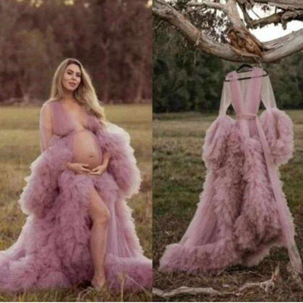 Maternity Robes Wedding Shawl Pregnant Women Sexy Tulle Bathrobe Dresses Photo Shoot Party Fluffy Baby Shower Gowns 13
