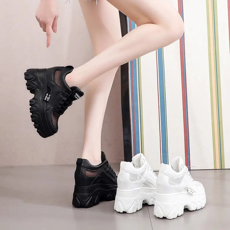 Breathable Mesh Chunky White Sneakers Women Summer Hollow Out Mesh Platform Sandals Woman Height Increased Casual Shoe 10cm