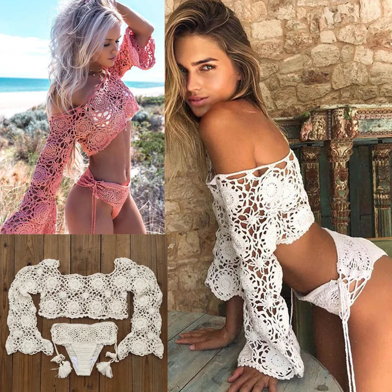 Hand Crochet Bikini Set Women boho Sexy cover up swimming trunks beach Swimwear festival clothing