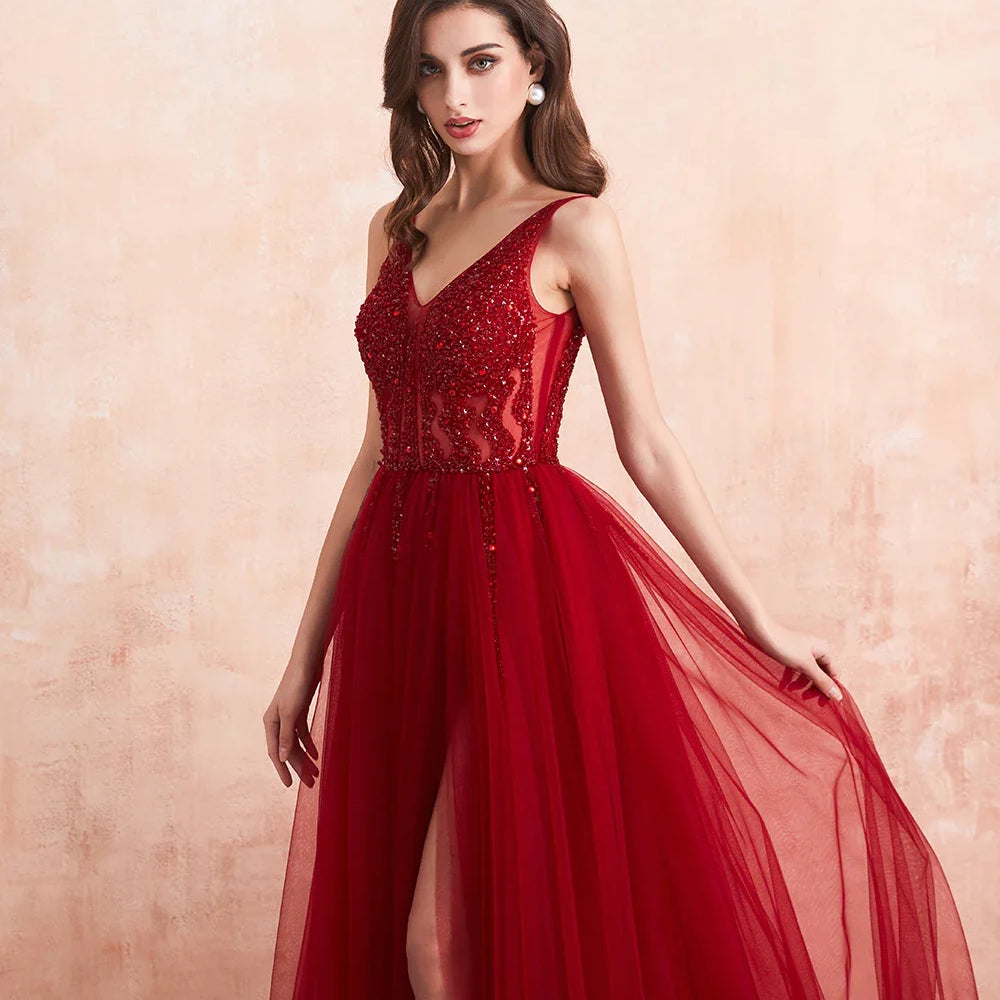 Beading Prom Dresses Long Sexy V-Neck High Split Tulle Sweep Train Sleeveless Evening Gown A-Line Backless Vestido De