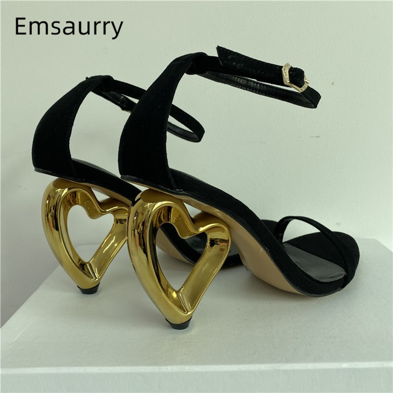 Unique Fretwork Heart-Shaped Heel Sandals Women 2024 Concise One-strap Strange Heels Summer Party Shoes Woman