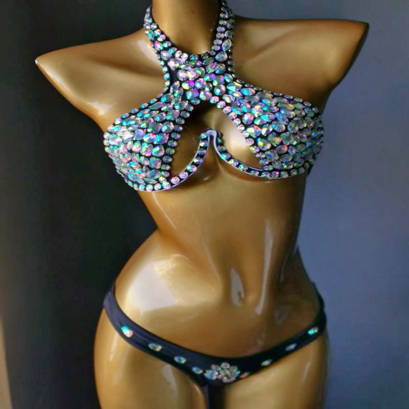 Sexy Halter Crystal Diamond Bikini Luxury Rhinestone Costume da bagno femminile Push Up Costume da bagno raccolto Biquini