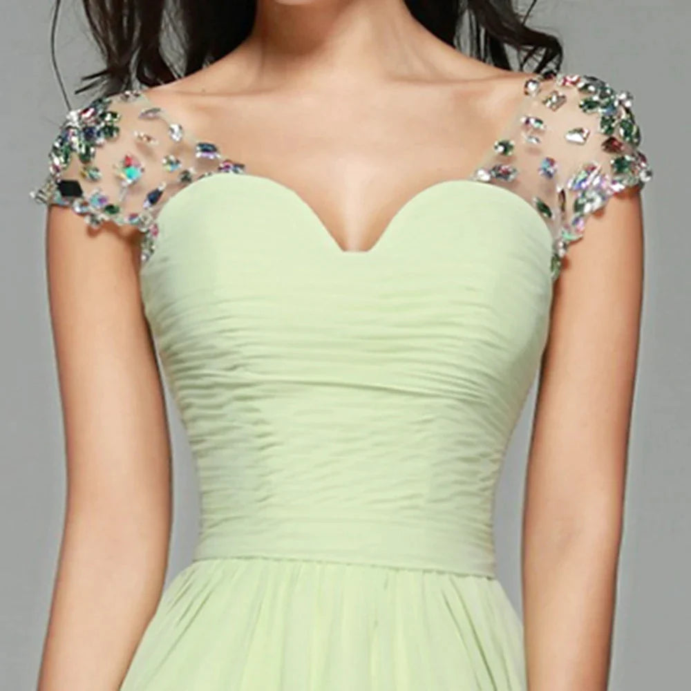 Elegant Cap Sleeves Light Green Prom Dresses Chiffon Crystal vestido de festa Evening Formal Dress for Women