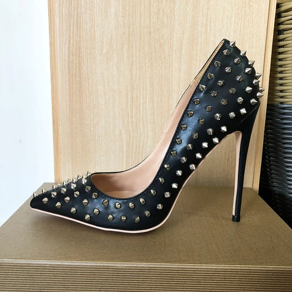 Tikicup Silver Spikes Women Black Matte Sexy Stiletto High Heels Ladies Wild Party Club High Heel Shoes 8cm 10cm 12cm Customize 12cm Black