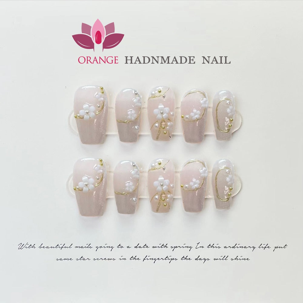 Presse on Nail Tips Full Cover With Designed Flower Deco Handwork Wearable Ballerina Artificial Korean Nail Art