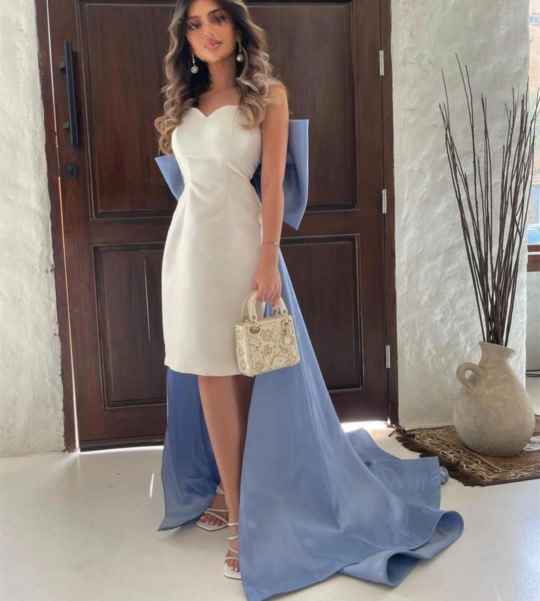 Women's White Satin Evening Dresses with Bow Train فساتين السهرة Sweetheart Mermaid Cocktail Hoco Dress for Musilm vestidos Beige