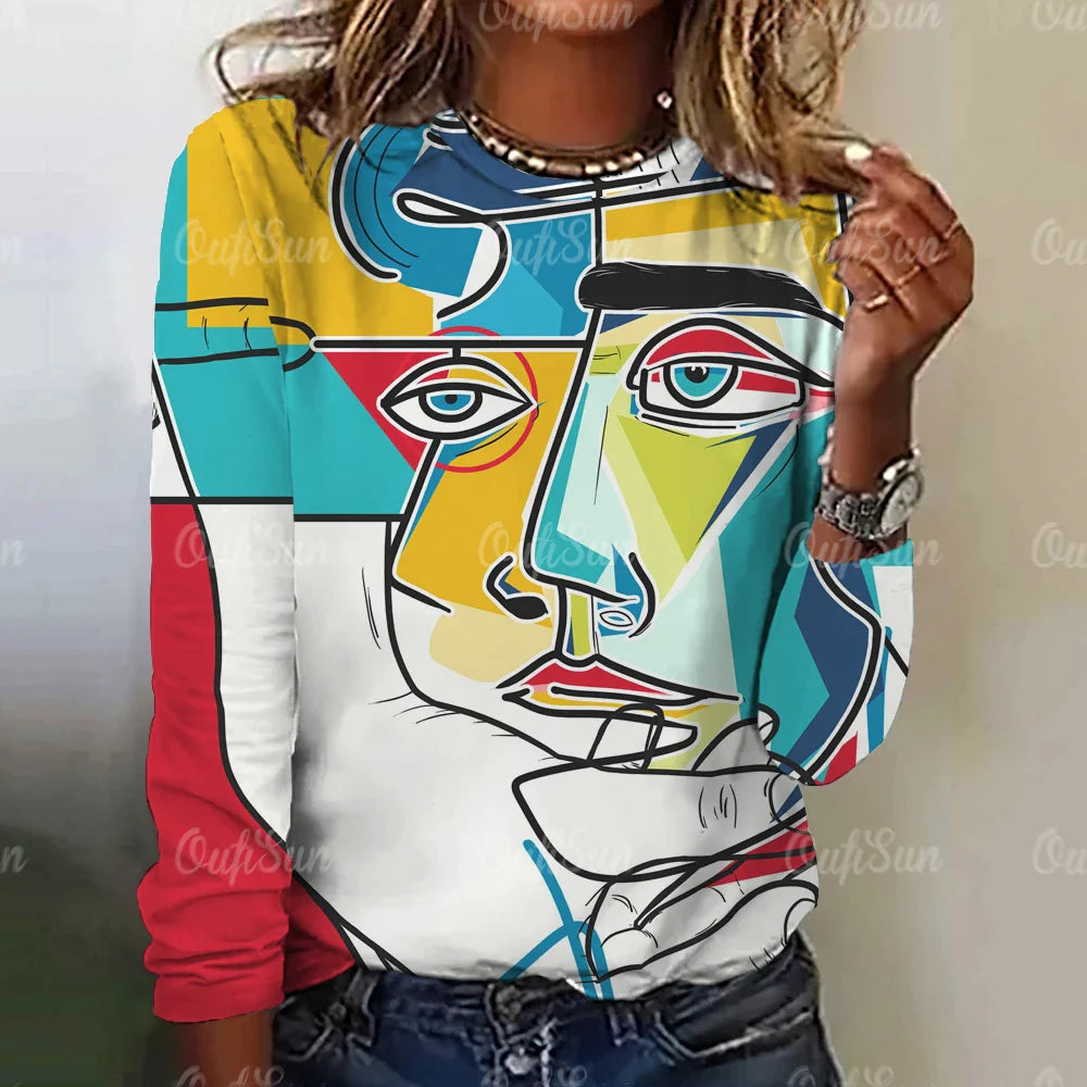 Autumn Funny Face Painting Women's Long Sleeve Top T-Shirts Girls Harajuku Colorful Gothic Tee Oversized Female Fashion Clothing W010203-SM11483