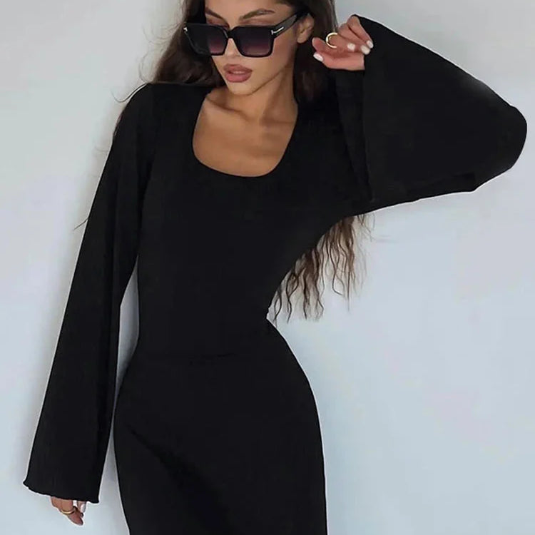 Solid Ribbed Trumpet Sleeves Maxi Dress Back Lace-Up Straps Elegant Casual 2023 Autumn Winter For Women Birthday