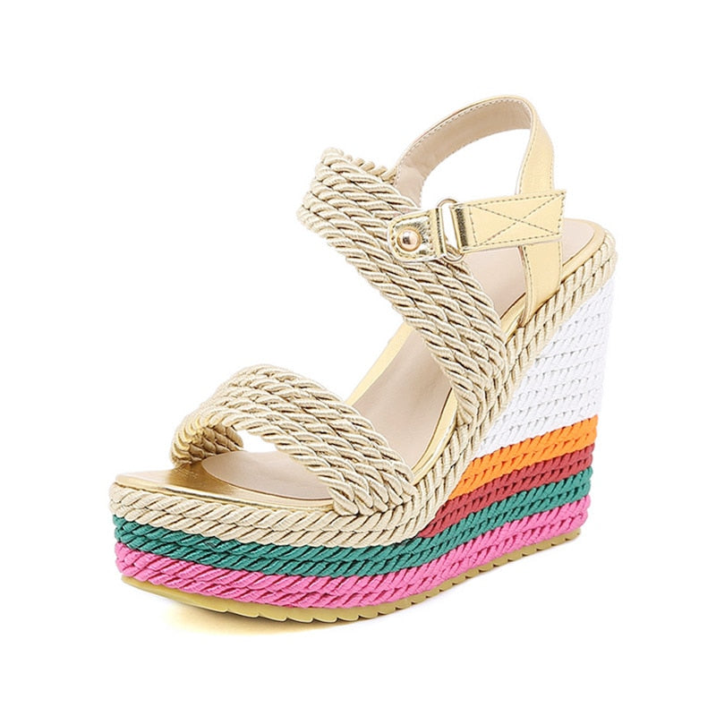 Women Fashion Candy Color Weave Sandals Platform Women Shoes Summer Gladiator Sandals Hemp Rainbow Wedge High Heel Shoes
