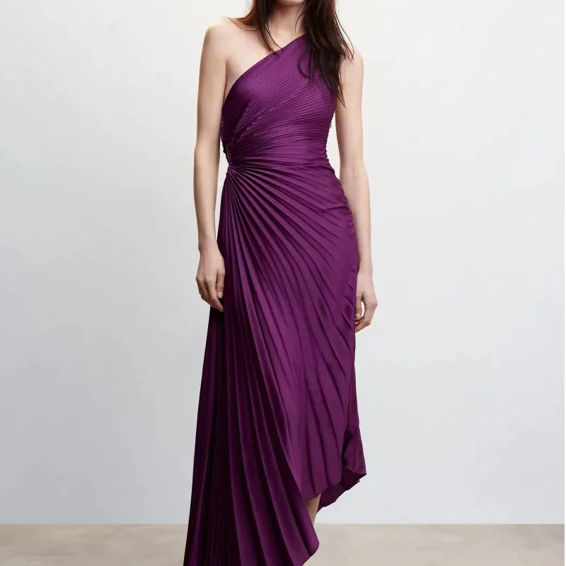 Summer Chic and Elegant Woman Maxi Dress White Ruffle Pleated Sexy Sleeveless Party Long Robe Luxury Evening Formal Clothes Deep Purple