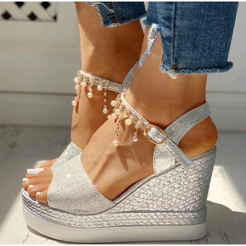 Women Wedge Sandals Summer Bead Studded Detail Platform Sandals Buckle Strap Peep Toe Thick Bottom Casual Shoes Ladies Silver