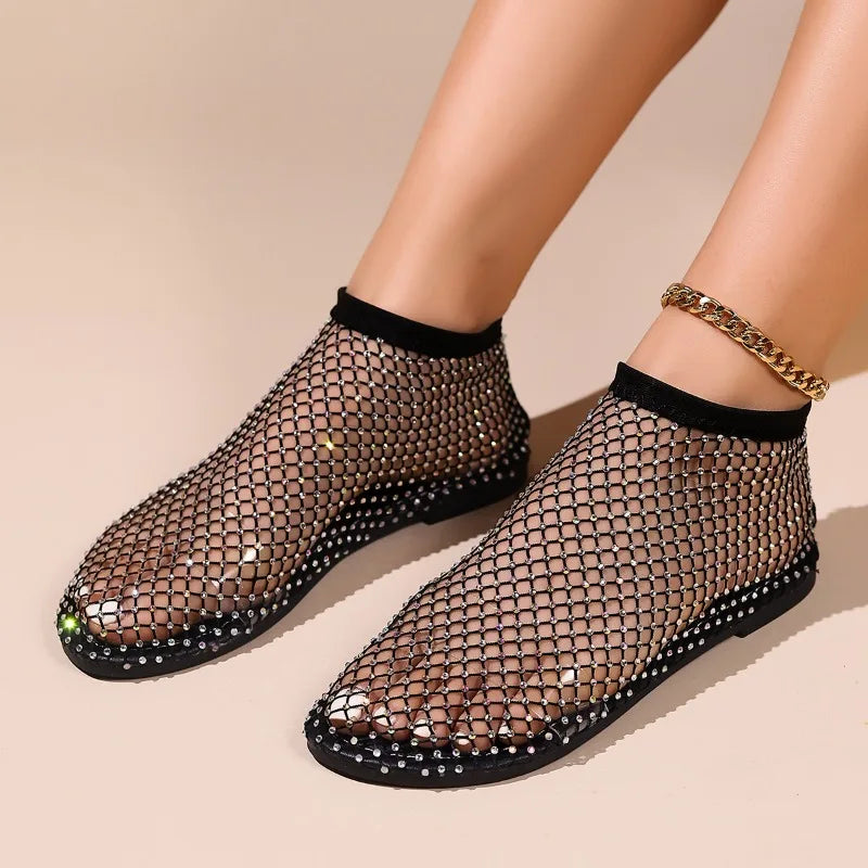 Women's Mesh Boots Fashion Hollow Out Full Sandals Full Rhinestone Sports Casual Women Shoes Comfortable Elegant Ethnic Style