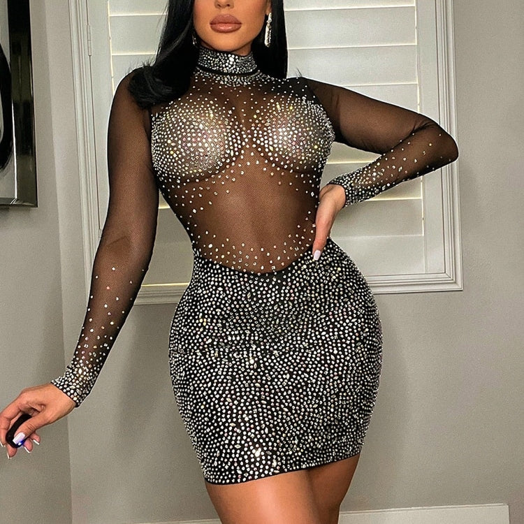 Sexy Mesh Crystal Patchwork Sheer Mini Dress New Elegant Women Long Sleeve Bodycon Dress Night Clubwear Outfits