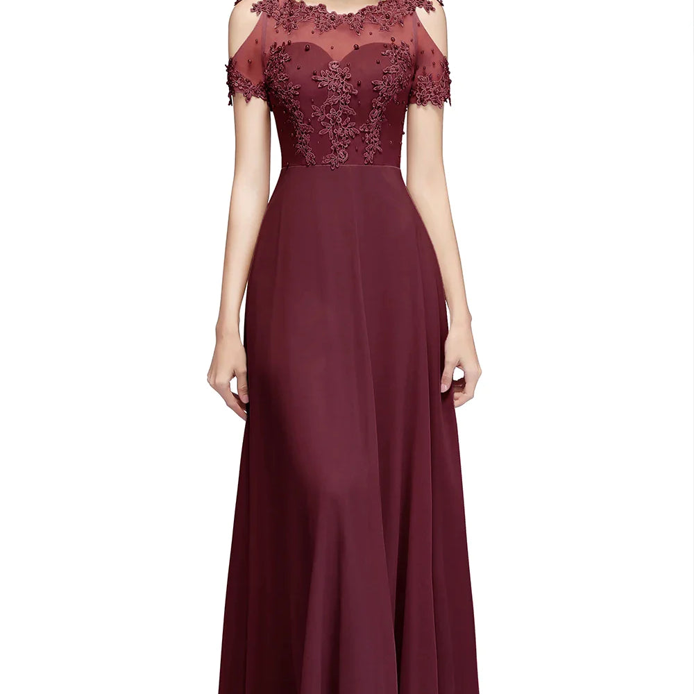 Bridesmaid Dress Pearl Beads Illusion Short Sleeve Boho Formal Party Guest Gowns Chiffon A Line Dresses Women Burgundy