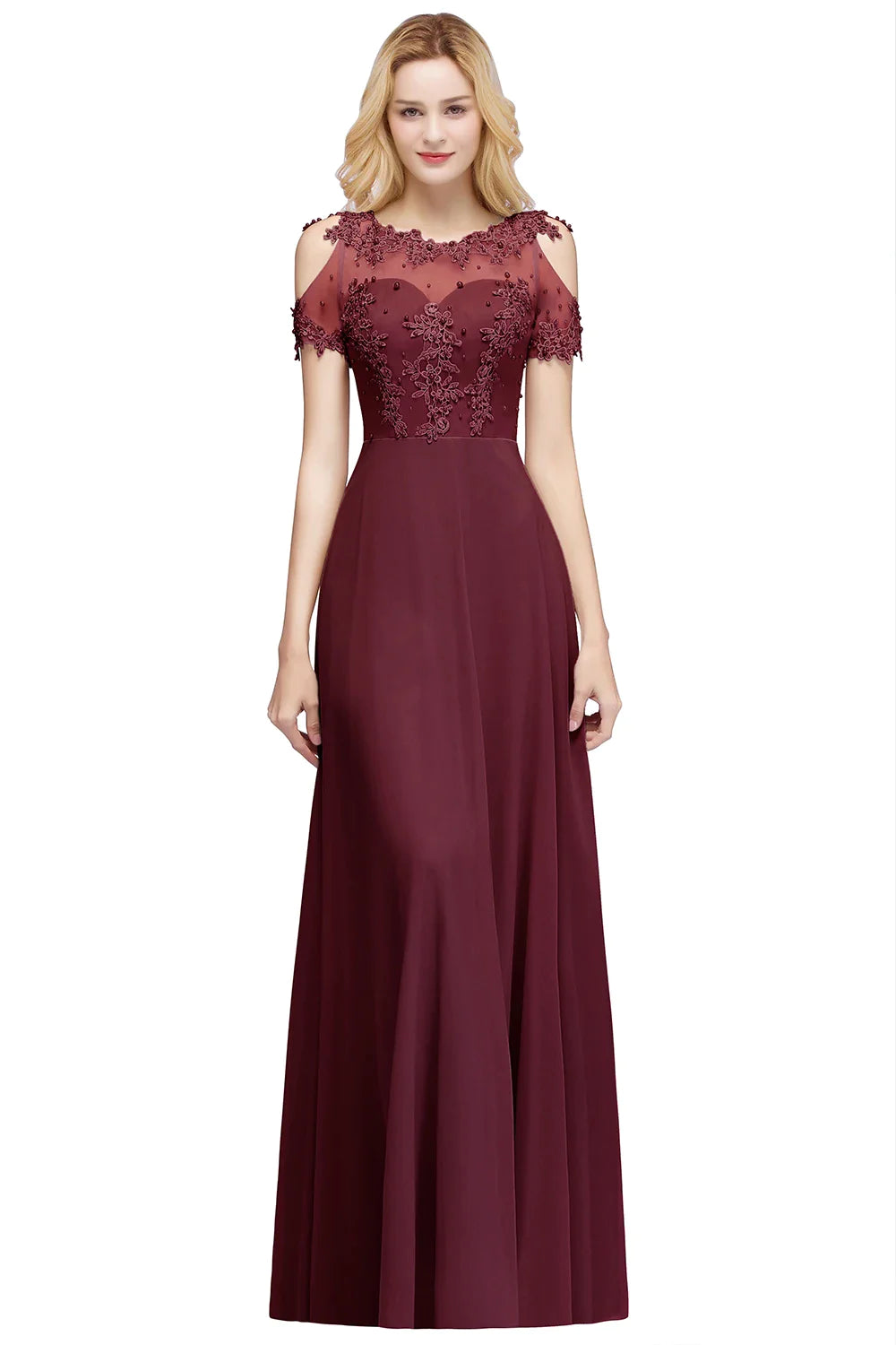 Bridesmaid Dress Pearl Beads Illusion Short Sleeve Boho Formal Party Guest Gowns Chiffon A Line Dresses Women Burgundy