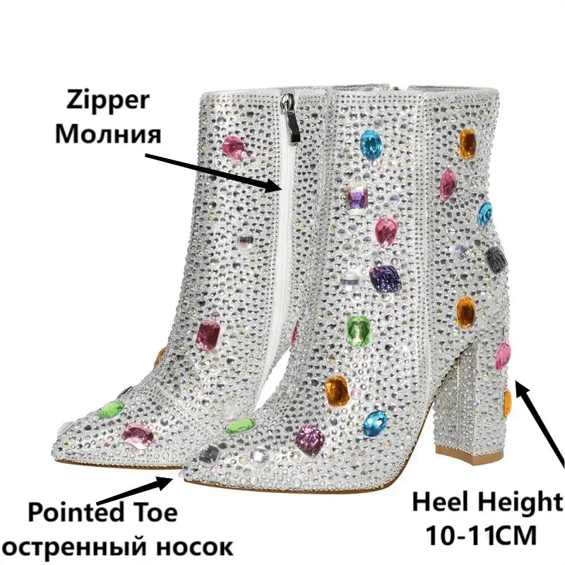 Women Rhinestones Ankle Boots Pointed Toe Zipper Luxury Bling Party Dress Big Size Lady Booties