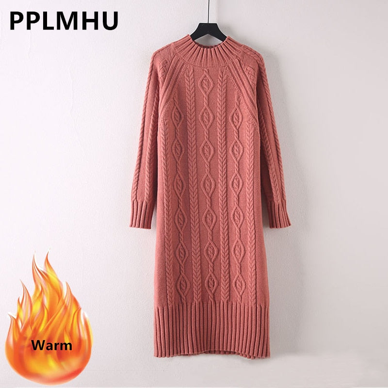 Winter Thicken Plus Velvet Sweater Dress Women's Fall Mock Neck Rib Knit Bottoming Dresses Elegant Warm Vestido Midi With Coats