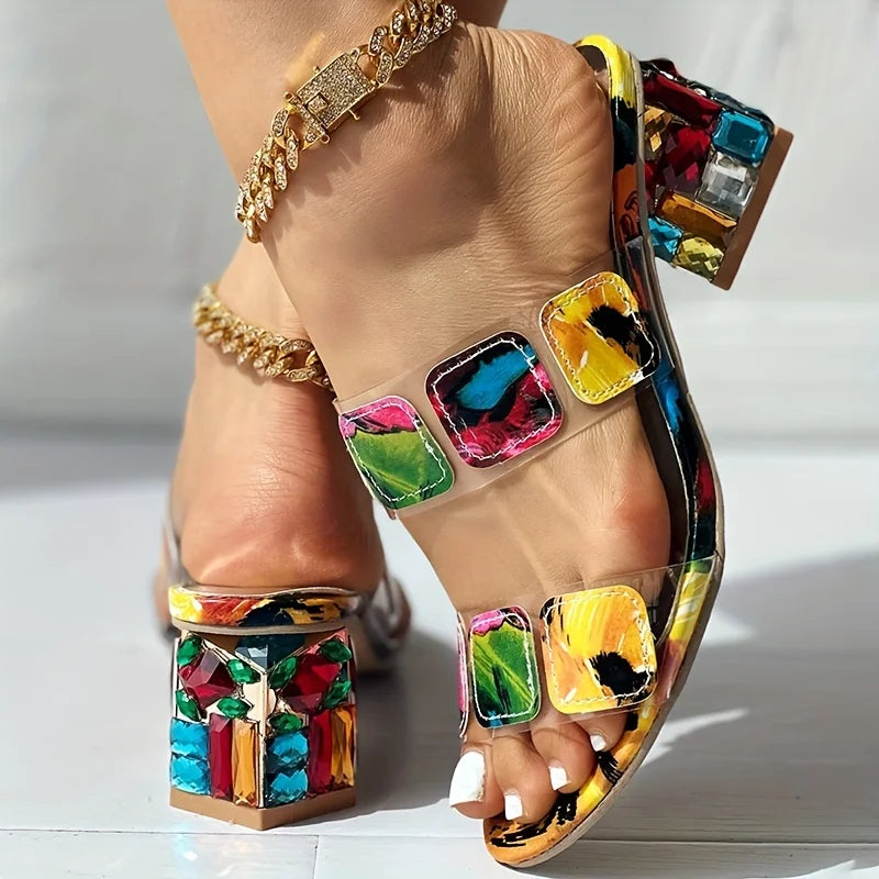 Women Stylish Multicolor Double Strap Sandals with Rhinestone Decor and Block Heel Slip On and Look Fabulous This Summer