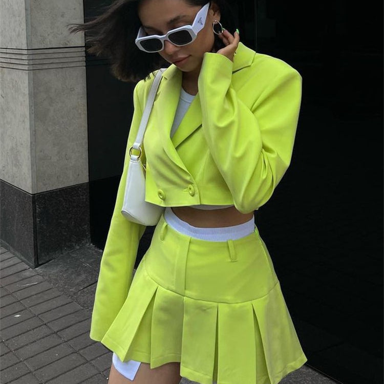 Taruxy Casual Two Piece Sets Women's Fall Outfits 2022 New Black Matching Sets With Skirt And Blazer Cropped Top Suit For Women