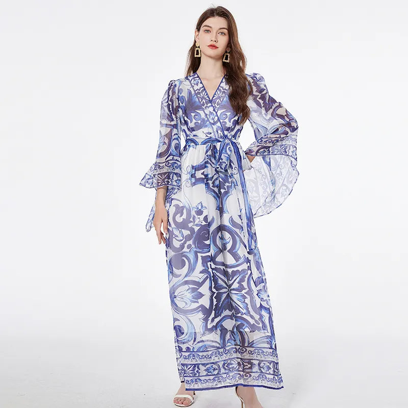 Fashion runway blue white porcelain floral maxi dress for women's summer autumn long sleeve flower printing dresses lady Blue