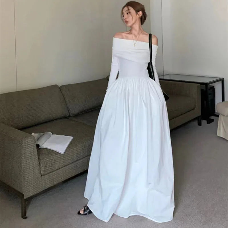 Black Elegant Slash Neck Long Dress Women Y2K Spring Korean Sexy Off Shoulder Long Sleeve Dress Fashion All Match Party Vestidos WHITE