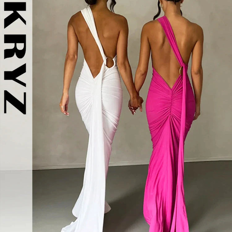 Ladies Night Club Wear Neon Y2K Summer Outfits Women Sleeveless Backless Halter Ruched Bodycon Evening Maxi Dress Birthday Party