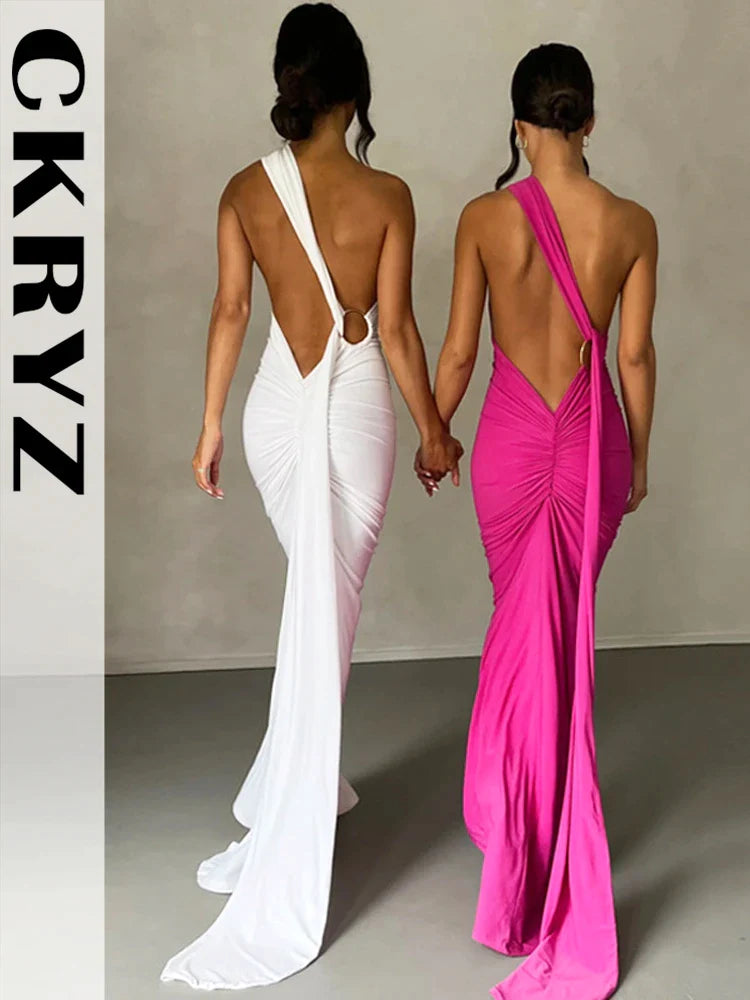 Ladies Night Club Wear Neon Y2K Summer Outfits Women Sleeveless Backless Halter Ruched Bodycon Evening Maxi Dress Birthday Party