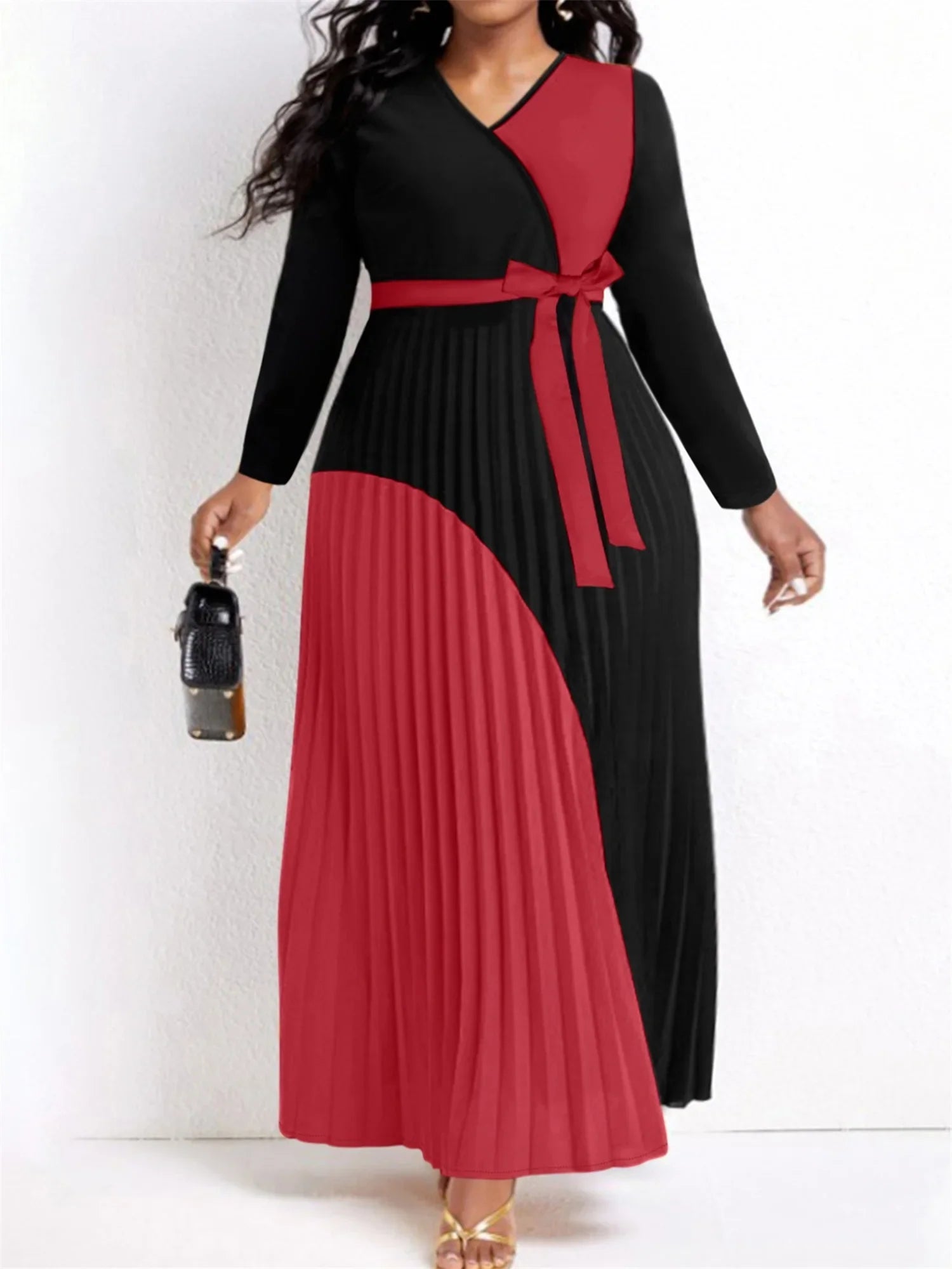 Elegant Fall Maxi Dresses Bandage Design Tiered Pleated A Line Dress Belted Long Sleeve V Neck Flowy Patchwork Vestidos