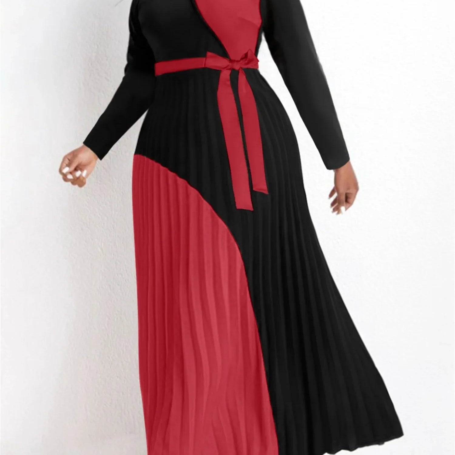 Elegant Fall Maxi Dresses Bandage Design Tiered Pleated A Line Dress Belted Long Sleeve V Neck Flowy Patchwork Vestidos Red