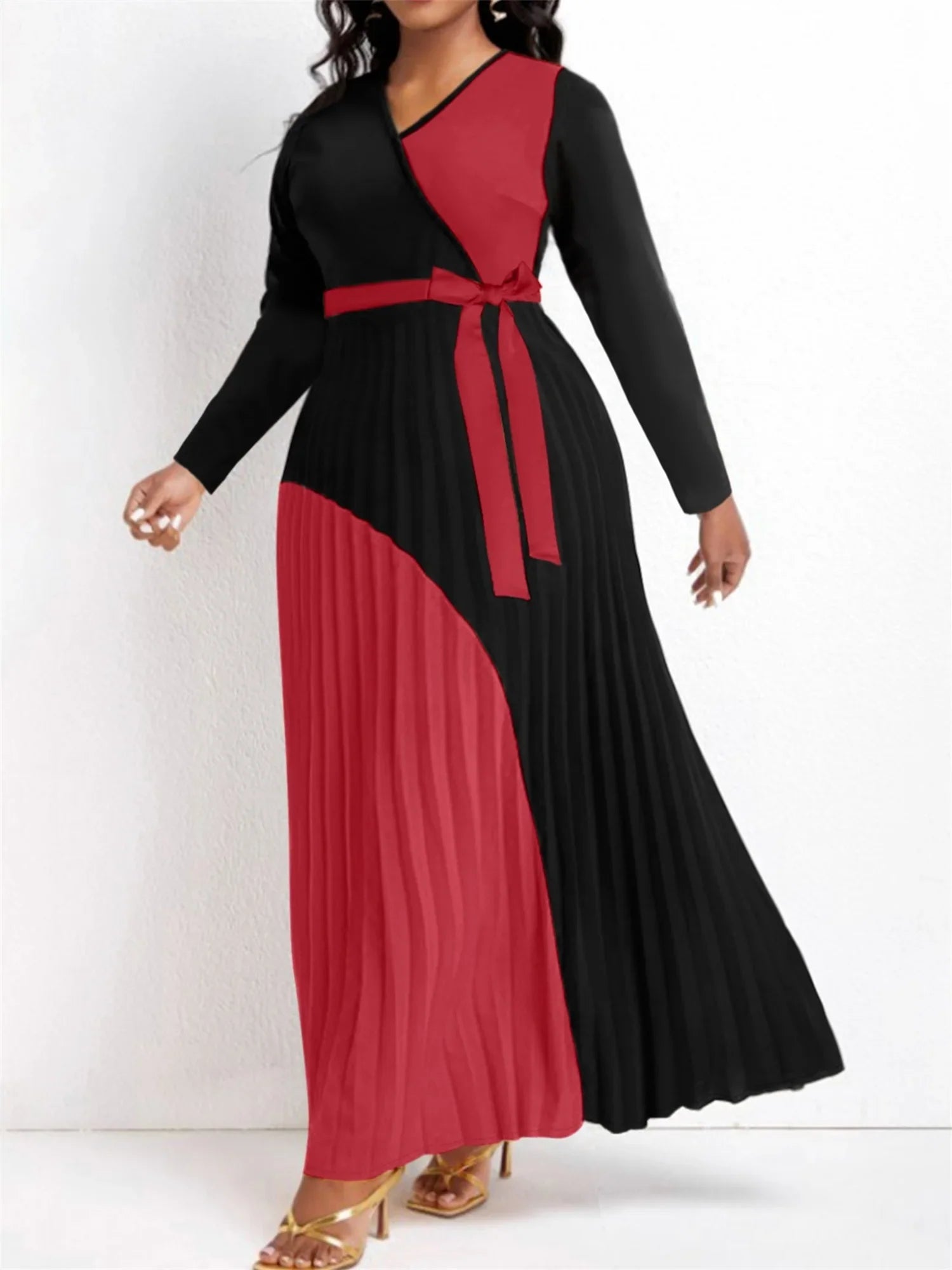 Elegant Fall Maxi Dresses Bandage Design Tiered Pleated A Line Dress Belted Long Sleeve V Neck Flowy Patchwork Vestidos Red