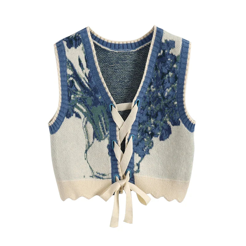 Vintage Sweater Vests Women Harajuku Print Sleeveless Knitted Waistcoat Streetwear Korean Cropped Bandage Knitwear Tank Top New Picture 2