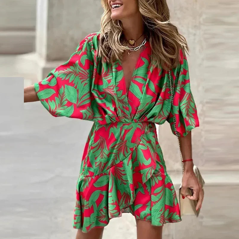 Elegant V Neck Lace Up Printed Dress Women Short Sleeve Mini Dress Women Fashion Ruffle Design Summer Flower Female Vestidos 04