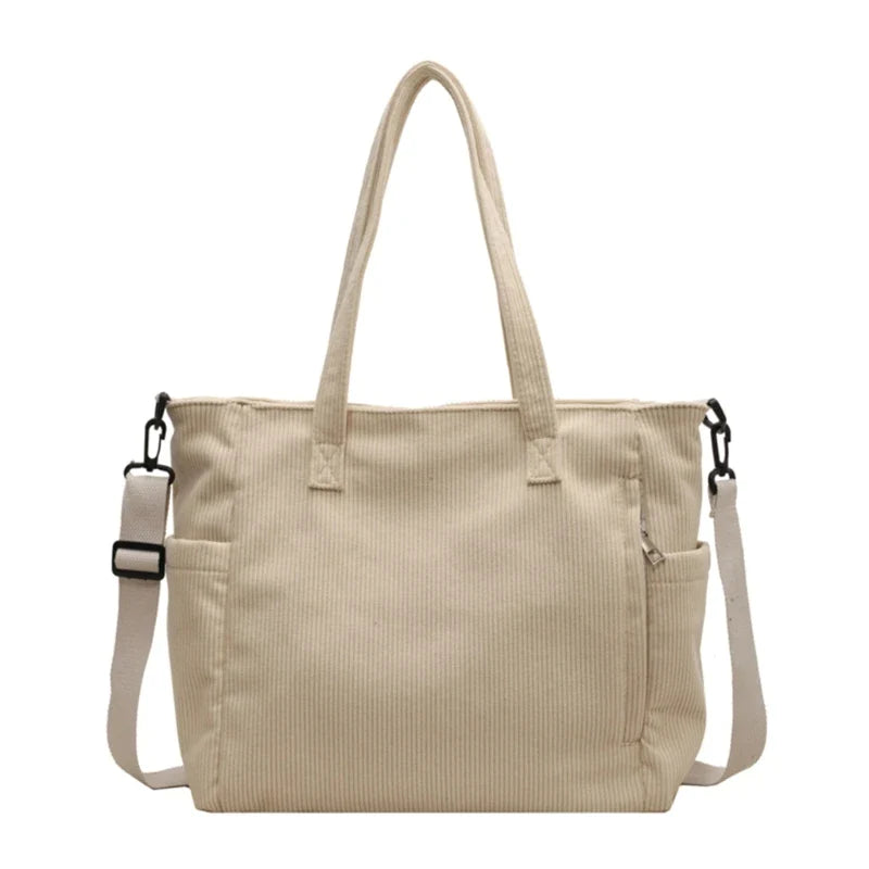 Women's Handbag Corduroy Shopper Shoulder Bag Casual Large Capacity Crossbody Bags College Student Bookbag Laptop Tote Bag Beige