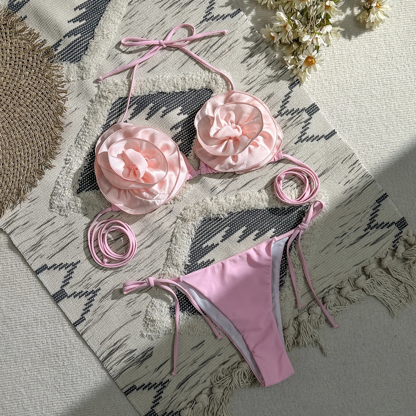 sexy 3D flower micro mini bikinis sets triangle two pieces padded thon ...