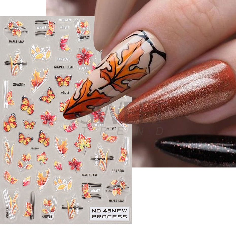 Snow Bird Winter Autumn Nail Art Stickers Maple Leaf Cotton Flower Fall Design Line Adhesive Sliders Manicure Decoration JINO-48