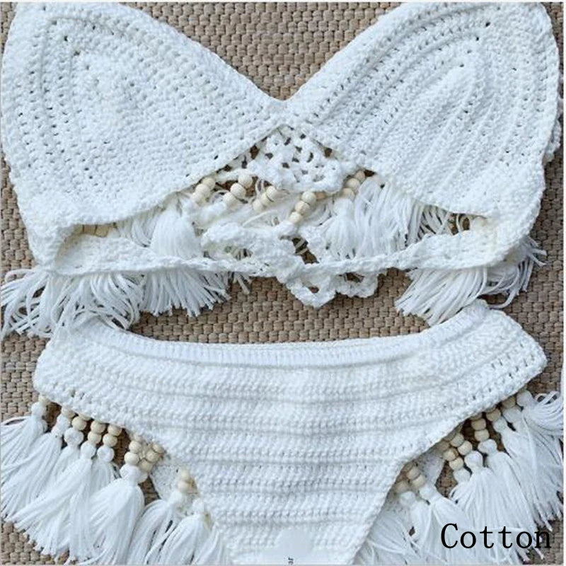 Sexy Crochet Bikinis Set Women Handmade Beading Tassel Knitting Bathing Suit Swimsuit 2021 New Micro Swimwear Summer Beachwear