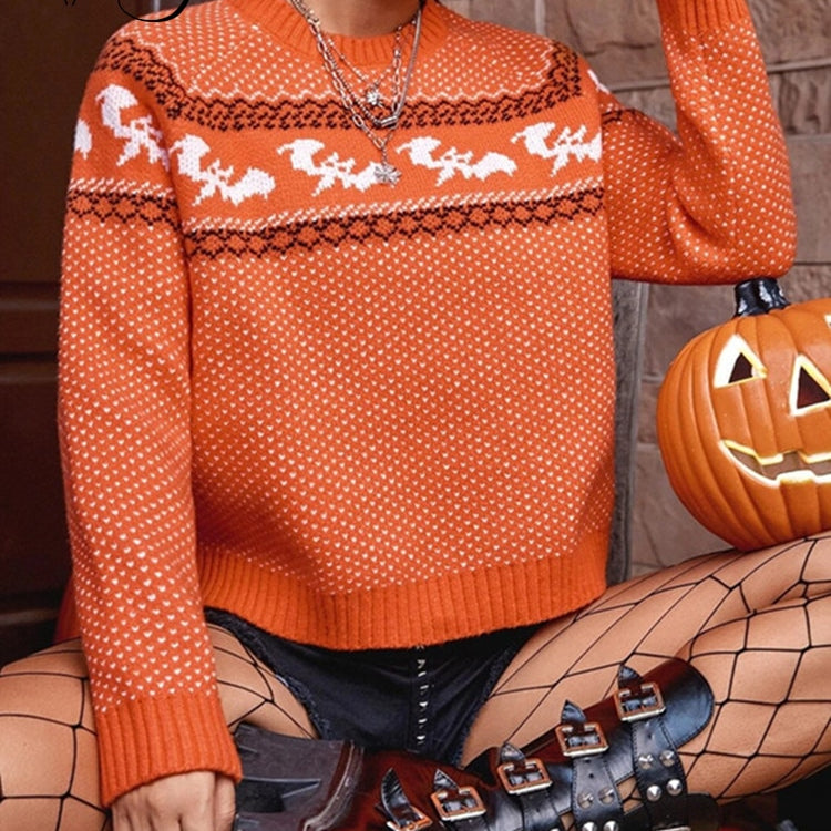 Yangelo Gothic Bat Pattern Knitted Sweater Women Loose Pullover Long Sleeve Street Fashion Sweater Autumn Winter Halloween 2024