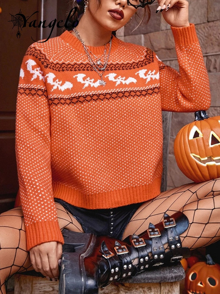 Yangelo Gothic Bat Pattern Knitted Sweater Women Loose Pullover Long Sleeve Street Fashion Sweater Autumn Winter Halloween 2024