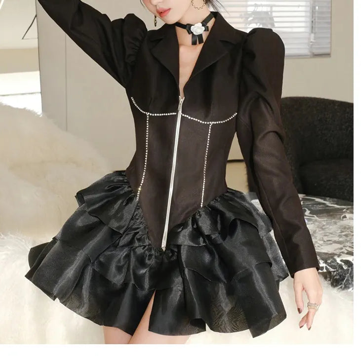 Spring Luxury diamond Suit Blazers Women medium long fashion suit skirt bow long sleeve suit Blazers Cool silver suit 20 colors 9409 Black