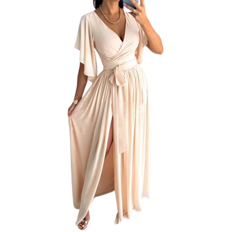 Solid Color High Waist Lace-up Gown Ladies Elegant Commuter Evening Party Split Hem Dressy Women's V Neck Flared Sleeve Dresses