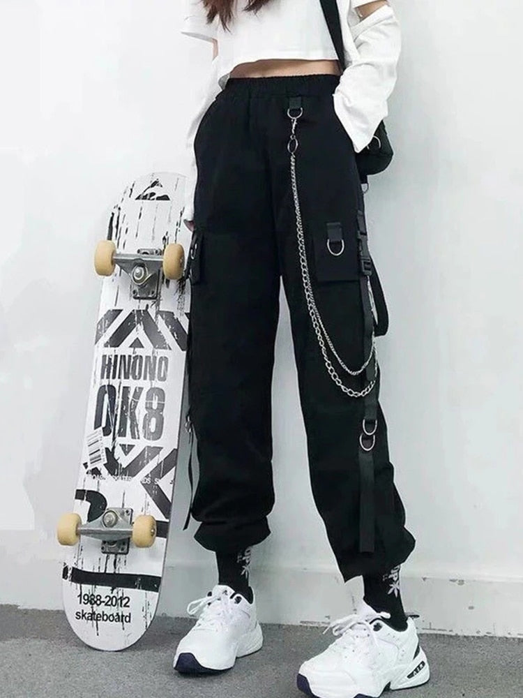 Women Cargo Pants Harem Pants Fashion Punk Pockets Jogger Trousers With Chain Harajuku Elastics High Waist Streetwear