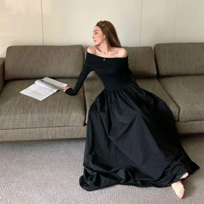 Black Elegant Slash Neck Long Dress Women Y2K Spring Korean Sexy Off Shoulder Long Sleeve Dress Fashion All Match Party Vestidos