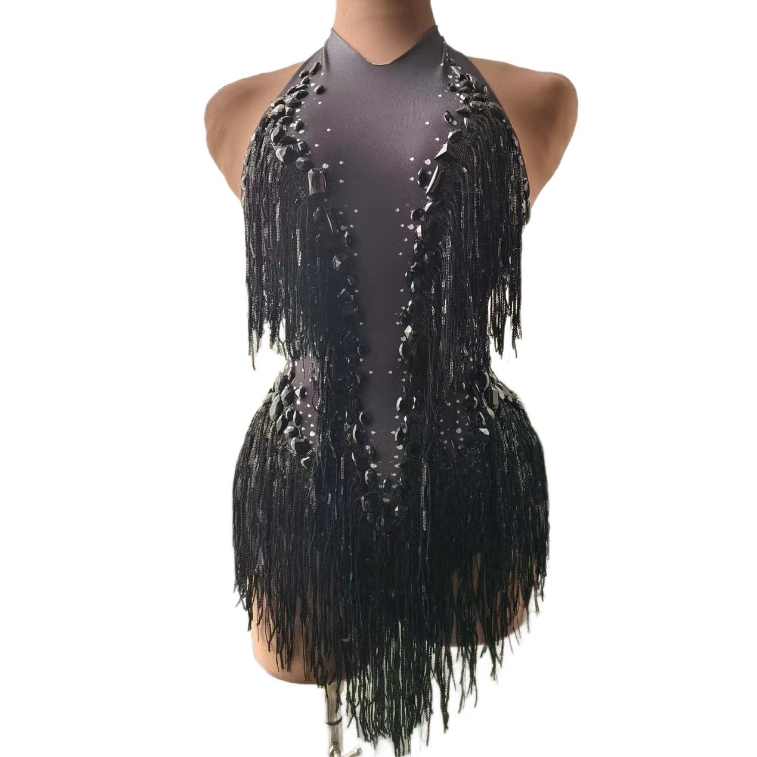 Women Nightclub Outfit Dance Costume One-piece Stage Wear Sexy Performance Clothing Sparkly Black Stones Sequins Fringes Leotard Black